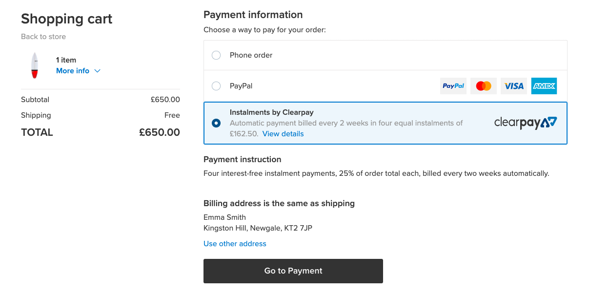 Clearpay at checkout